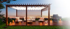 Beautifully lit pergola outside a home with patio furniture.